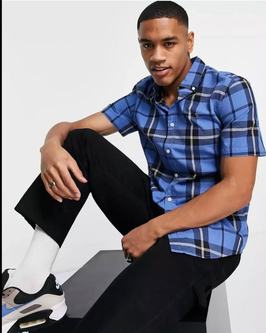 Farah Casual Fit Blue Plaid Cotton Short Sleeve Shirt