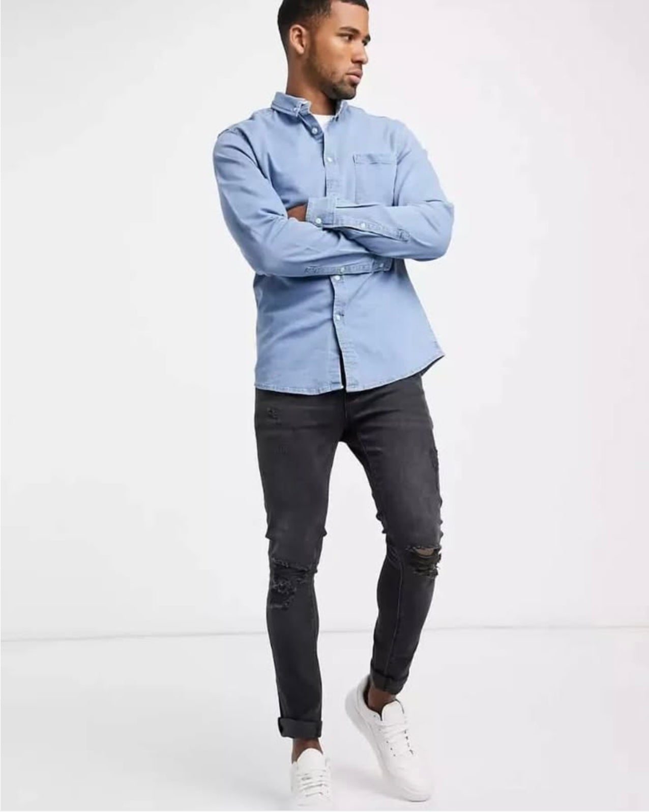 Asos Slim Fit Blue Wash Denim Button Cotton Cuff Shirt