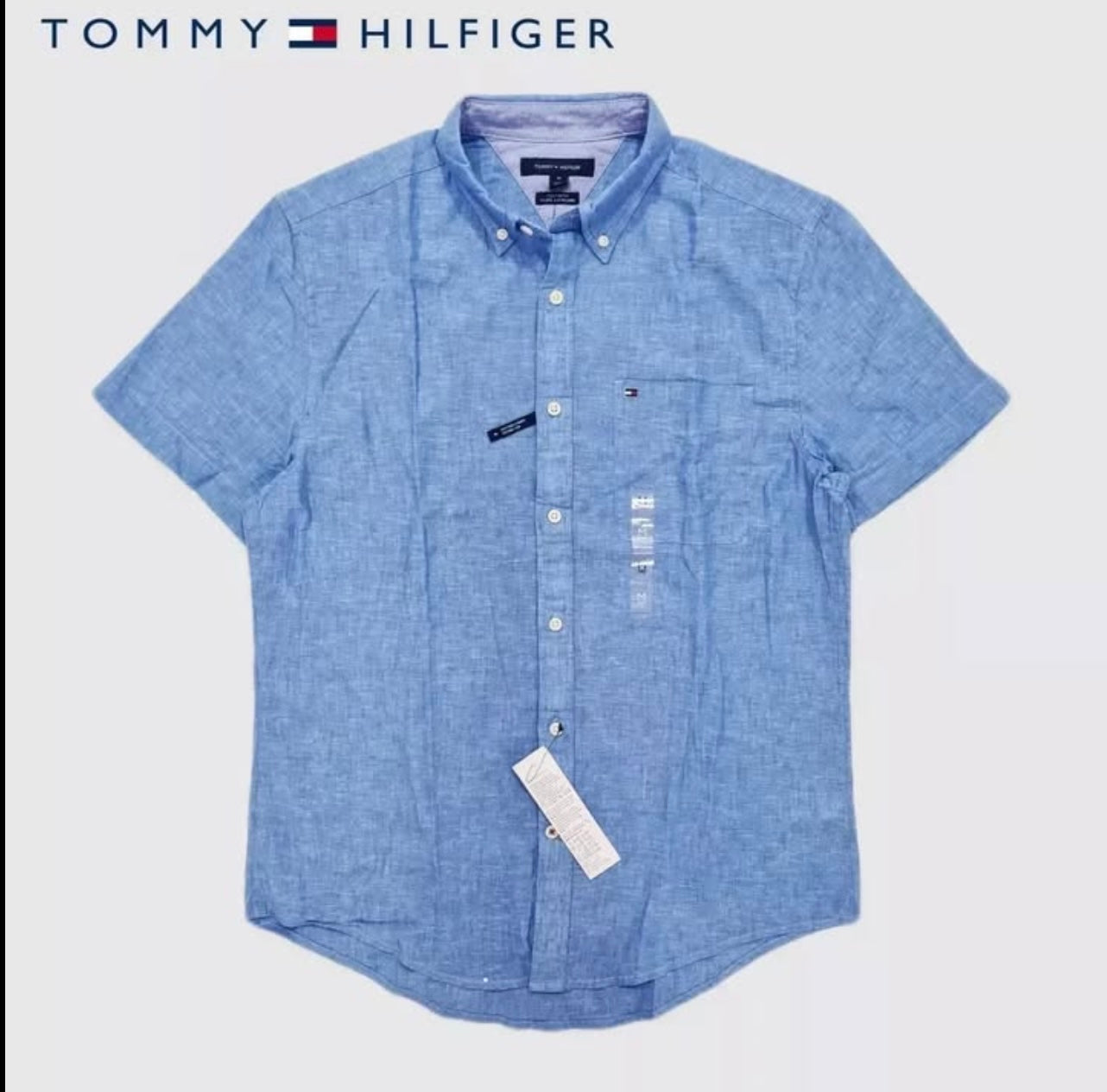 Tommy Hilfiger Custom Fit Linen Short Sleeve Shirt in Blue