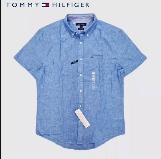 Tommy Hilfiger Custom Fit Linen Short Sleeve Shirt in Blue