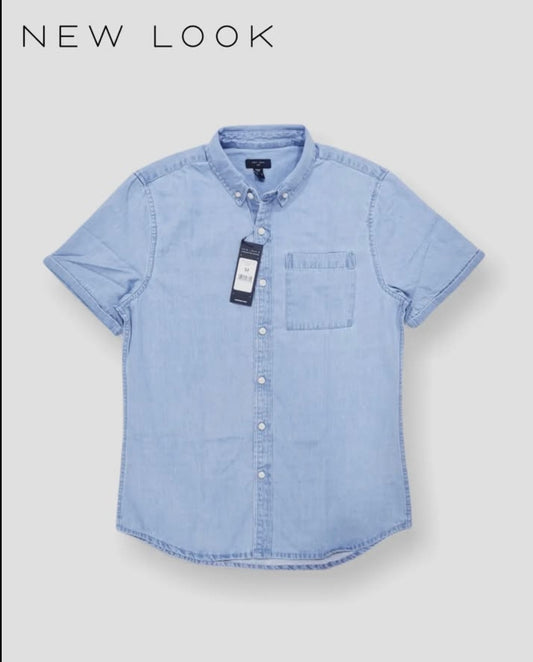 New Look Regular Fit Blue Wash Denim Short Sleeve Shirt