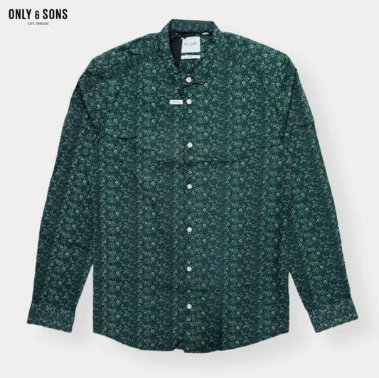 Only & Sons Slim Fit Green Pattern Cotton Button Cuff Shirt in Bishop Collar