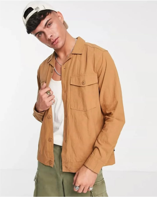 Only & Sons Regular Fit Brown Linen Shirt With Utility Pockets and Revere Collar