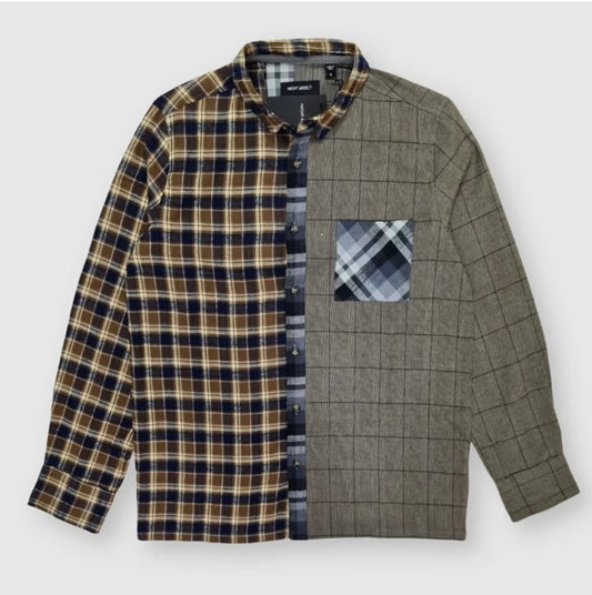 Night Addict Regular Fit Brown Check Patchwork Cotton Button Cuff Shirt