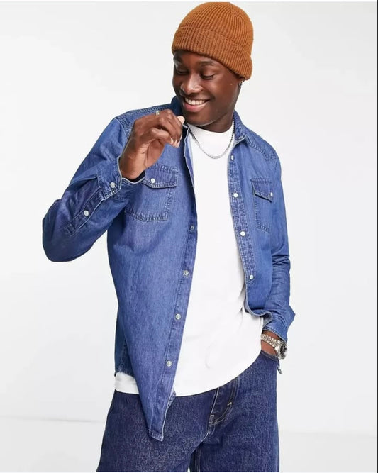 New Look Regular Fit Blue Denim Shirt With Utility Pockets
