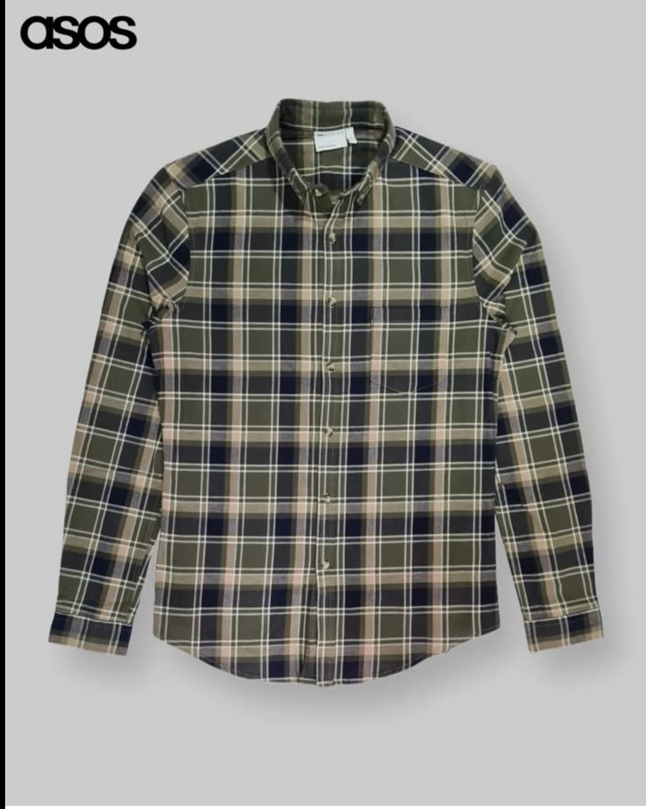 Asos Slim Fit Green Plaid Cotton Button Cuff Shirt