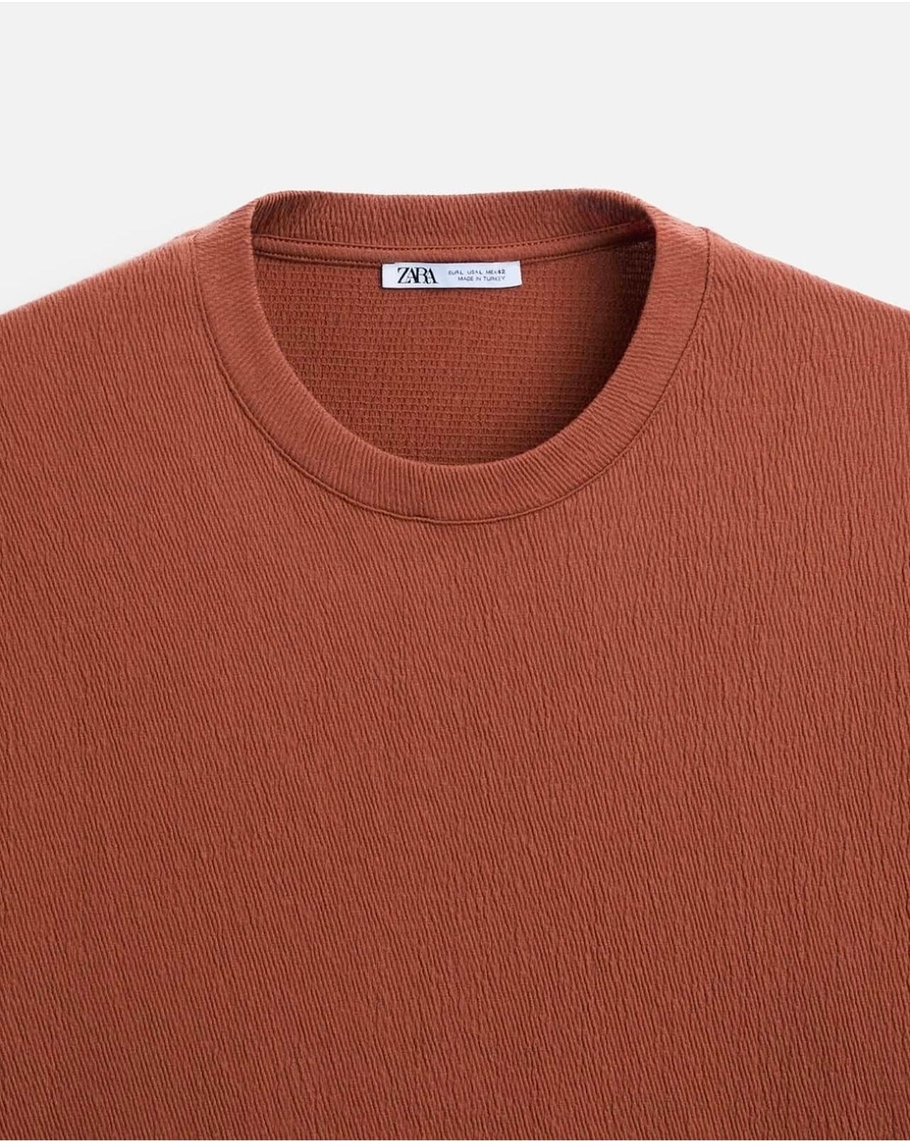 Zara Regular Fit Textured Cotton T shirt in Rust