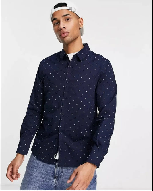 Threadbare Regular Fit Navy Pattern Cotton Button Cuff Shirt