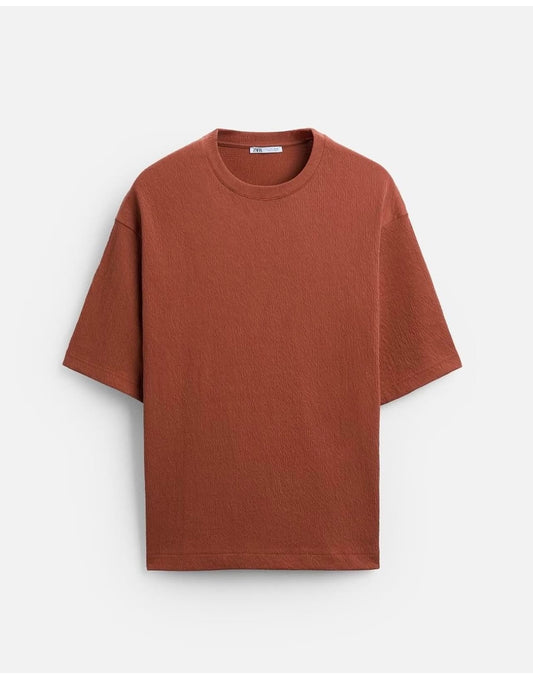 Zara Regular Fit Textured Cotton T shirt in Rust