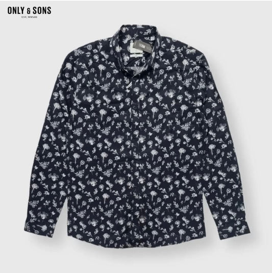 Only & Sons Slim Fit Black Pattern Cotton Stretch Shirt