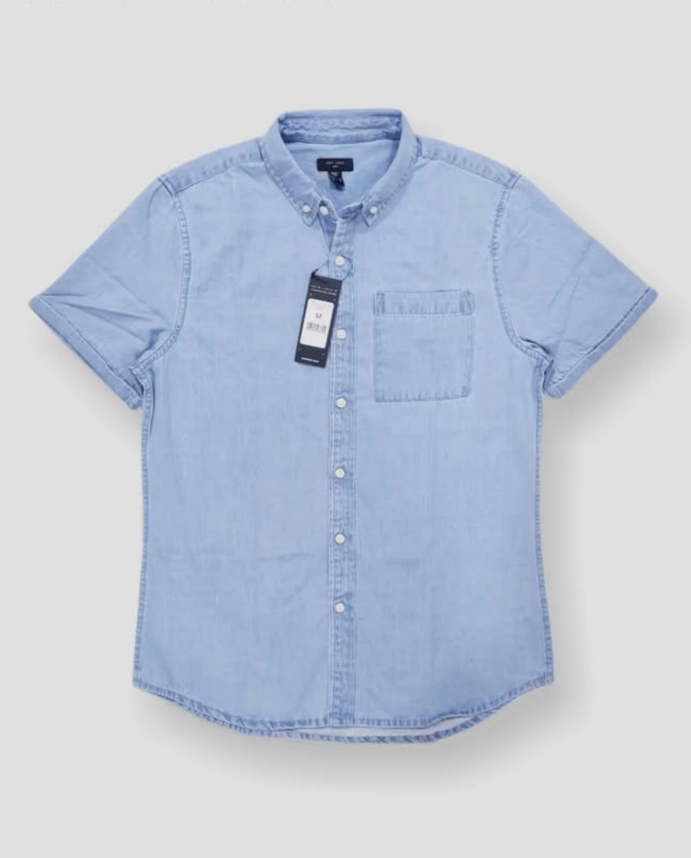 New Look Regular Fit Blue Wash Denim Short Sleeve Shirt