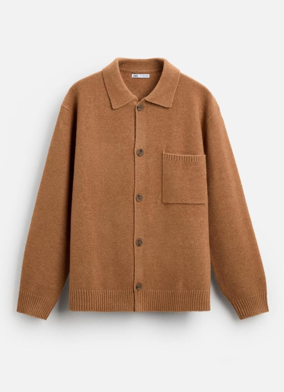 Zara Knit Jacket With Pockets in Tan