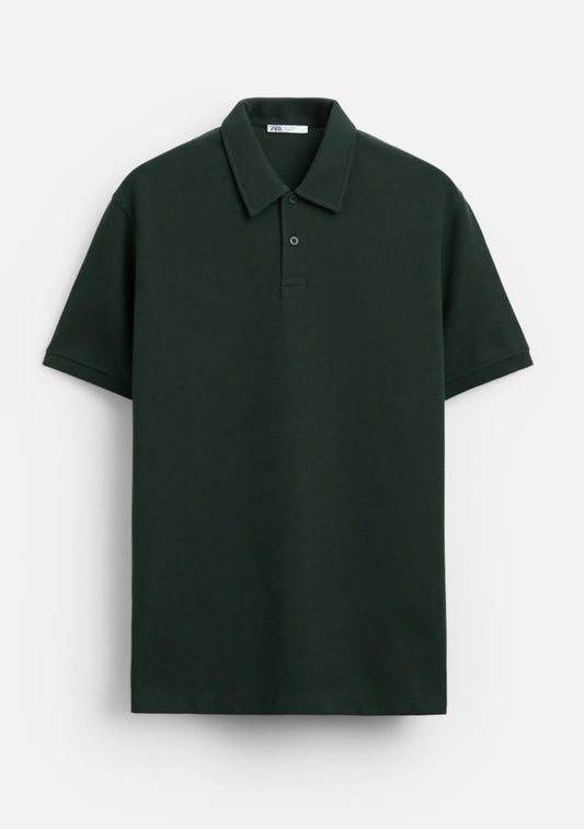 Zara Regular Fit Textured Cotton Polo Shirt in Dark Green