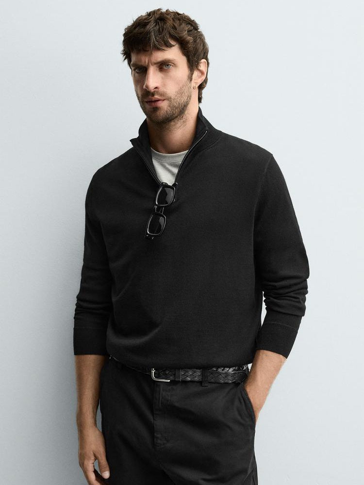Zara Regular Fit Wool Quarter-Zip Jumper Sweater In Black