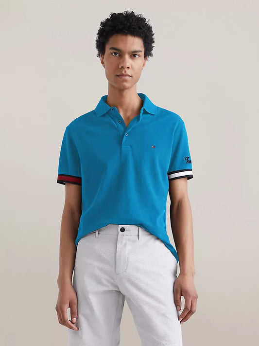 Tommy Hilfiger Blue Slim Fit Flag Cuff Polo Shirt
