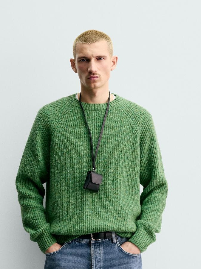 Zara Regular Fit Purl Knit Flecked Jumper Sweater In Green