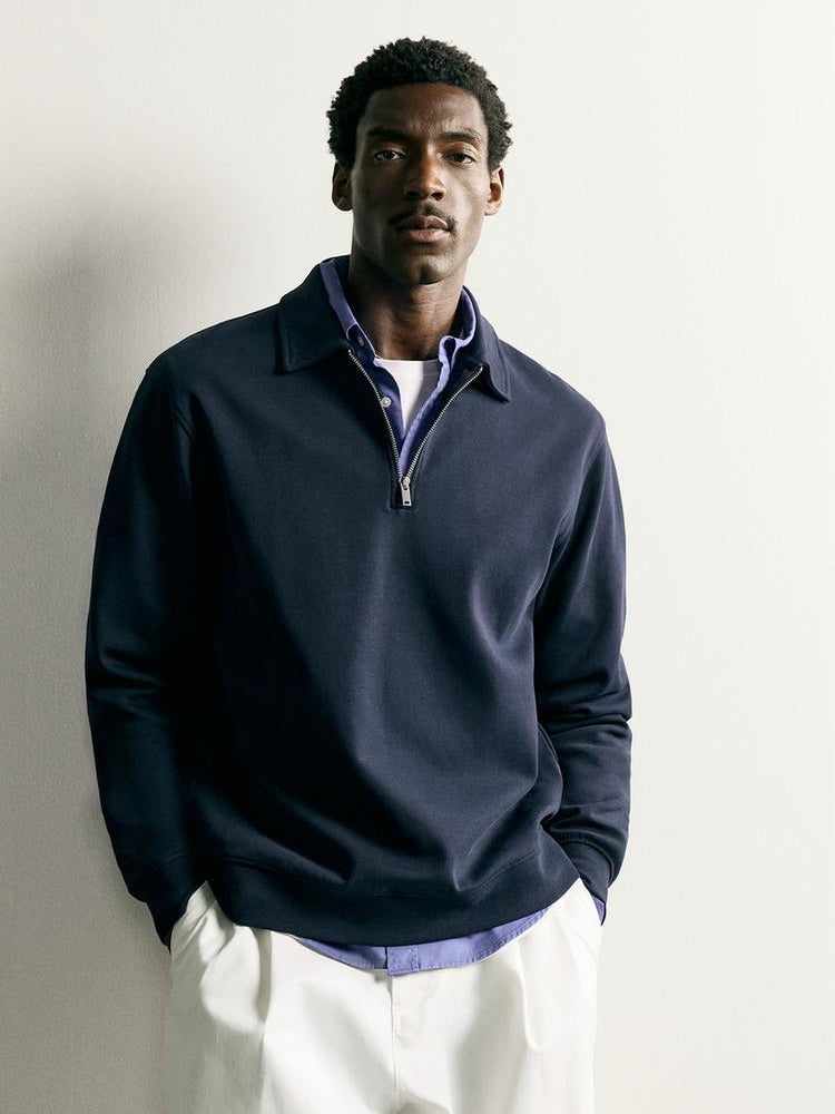Zara Regular Fit Interlock Zip Polo Sweatshirt In Navy