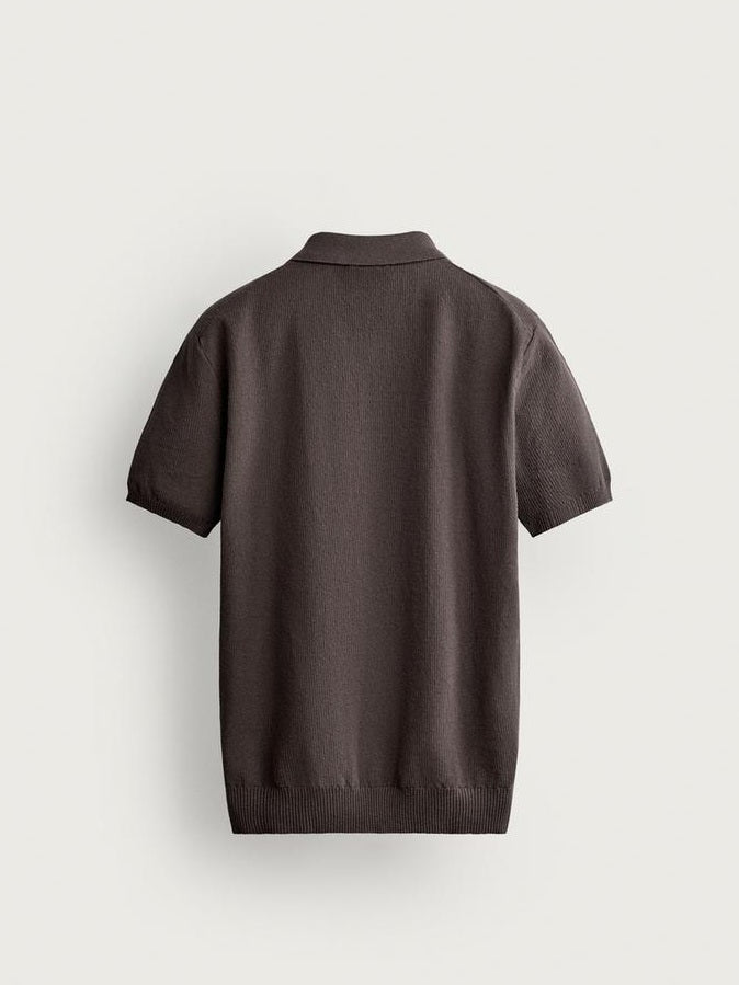 Zara Regular Fit Textured Knit Polo Shirt in Brown