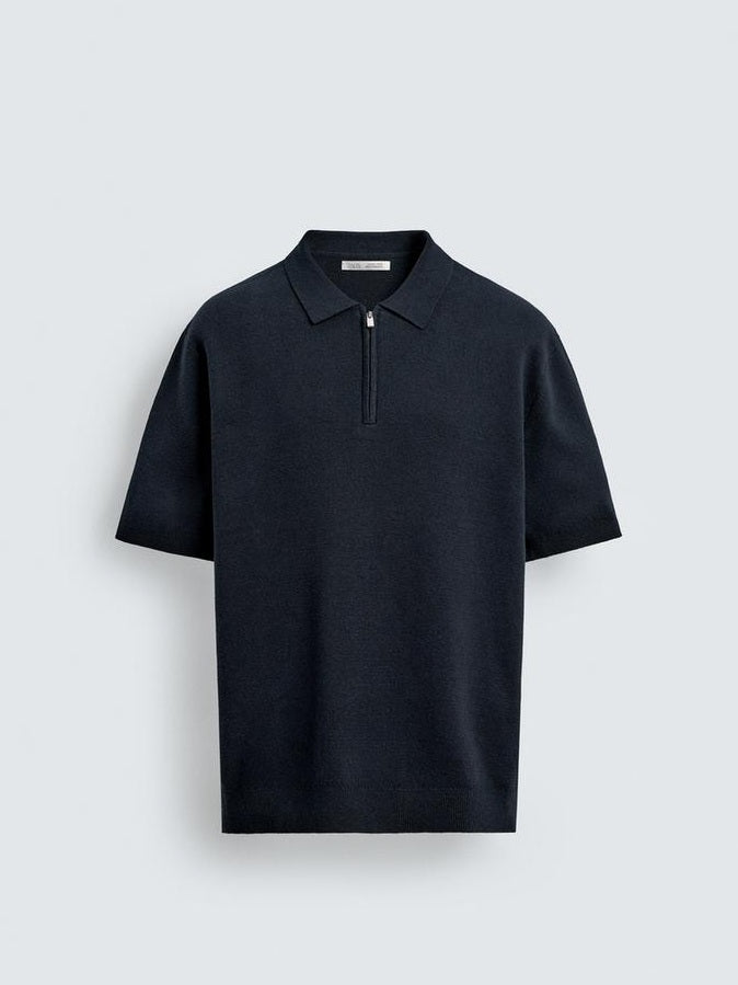Zara Knit Zip Polo Shirt in Navy
