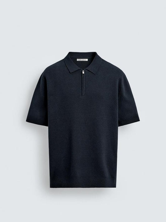Zara Knit Zip Polo Shirt in Navy