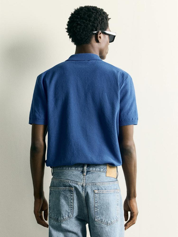 Zara Regular Fit Textured Knit Polo Shirt in Blue