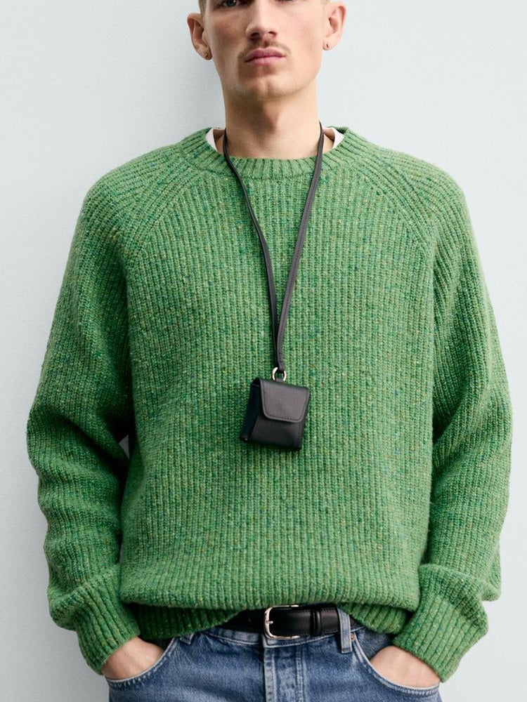 Zara Regular Fit Purl Knit Flecked Jumper Sweater In Green