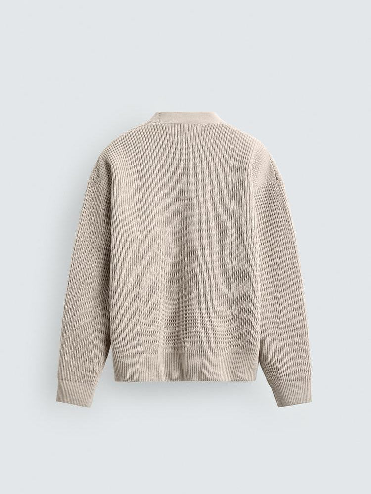 Zara Relaxed Fit Textured Cotton Cardigan In Beige