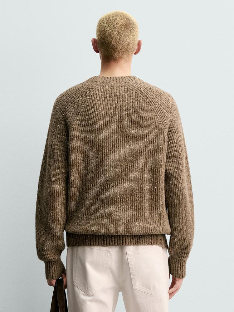 Zara Regular Fit Purl Knit Flecked Jumper Sweater In Brown