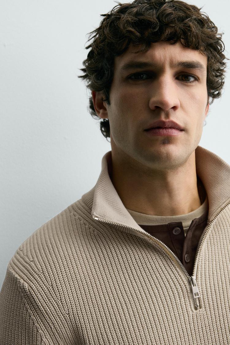 Zara Regular Fit Purl Knit Quarter-Zip Jumper Sweater In Beige