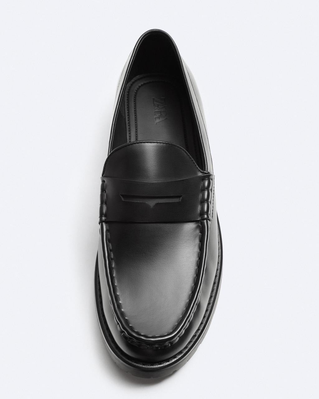 Zara Black Leather Track Sole Loafers
