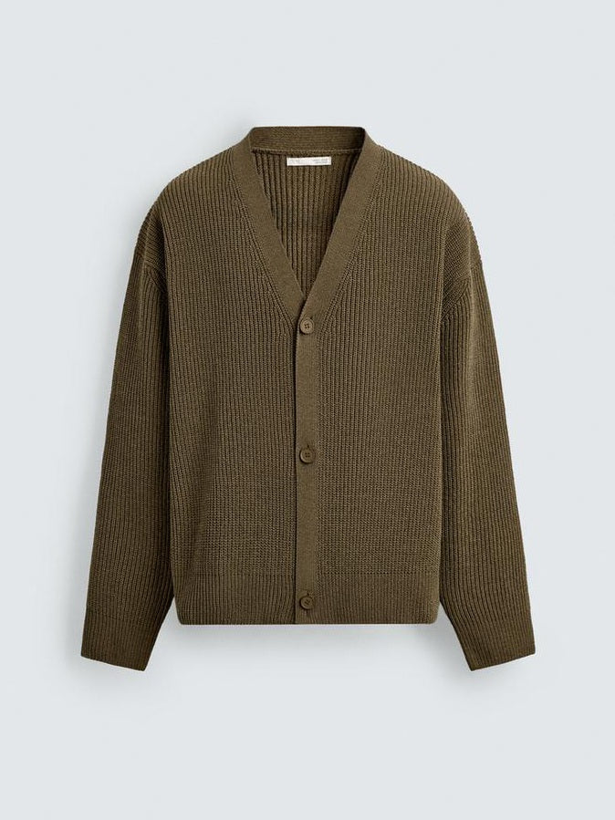 Zara Textured Relaxed Fit Cardigan in Khaki