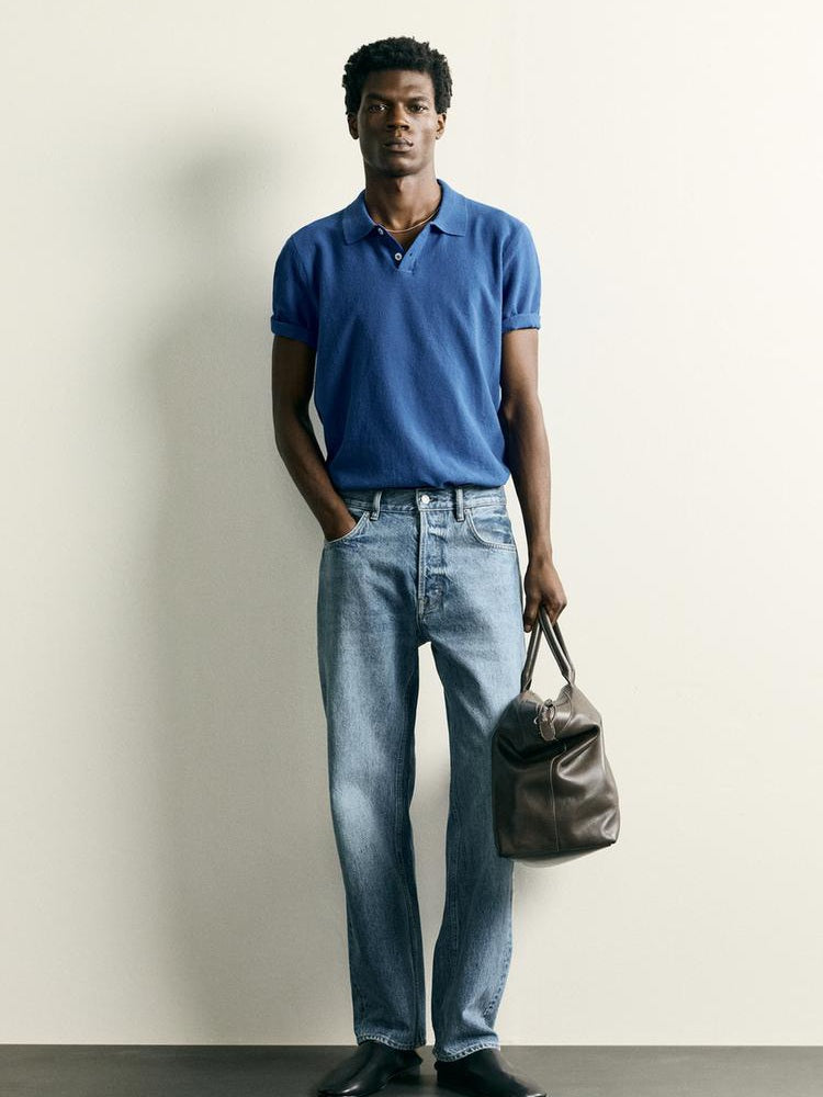 Zara Regular Fit Textured Knit Polo Shirt in Blue
