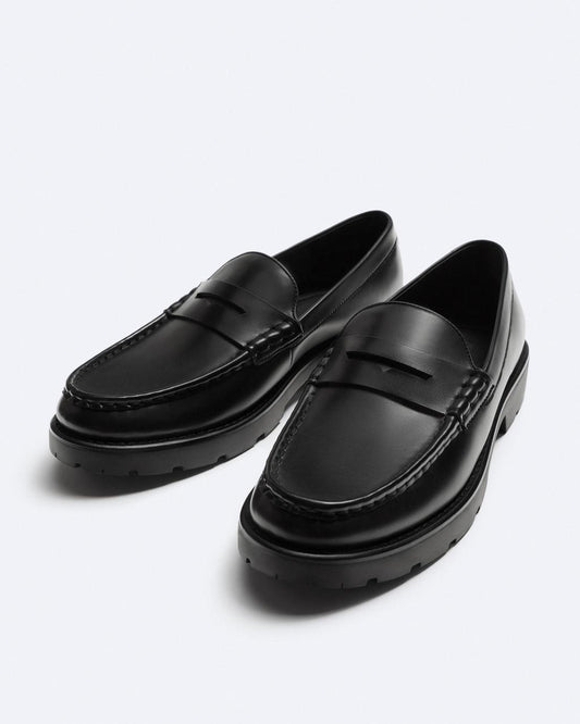 Zara Black Leather Track Sole Loafers