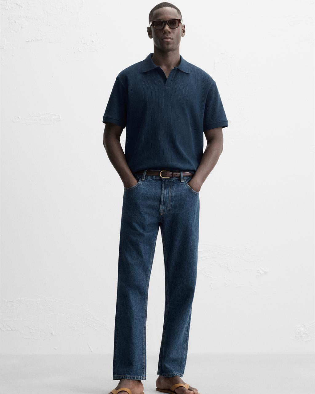Zara Navy Textured Polo Shirt