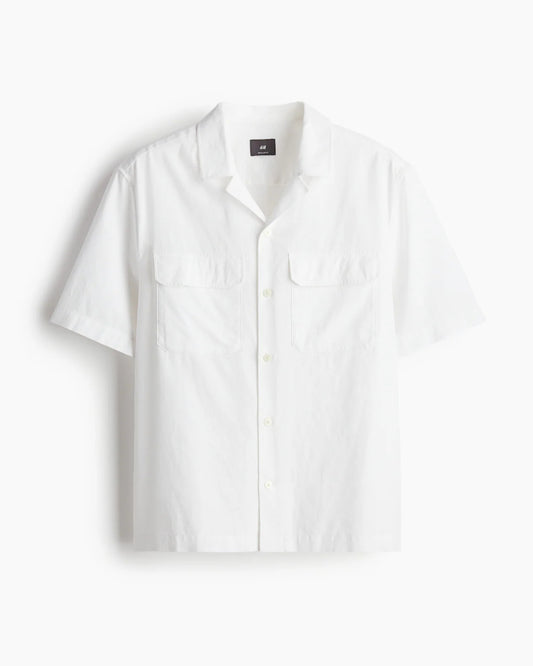 H&M Regular Fit Linen-Blend Utility Shirt in Off-White