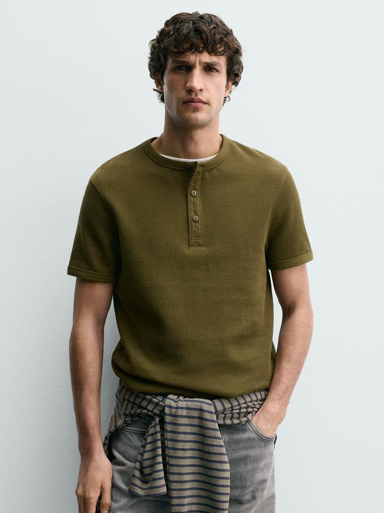 Zara Regular Fit Textured Henley T-Shirt