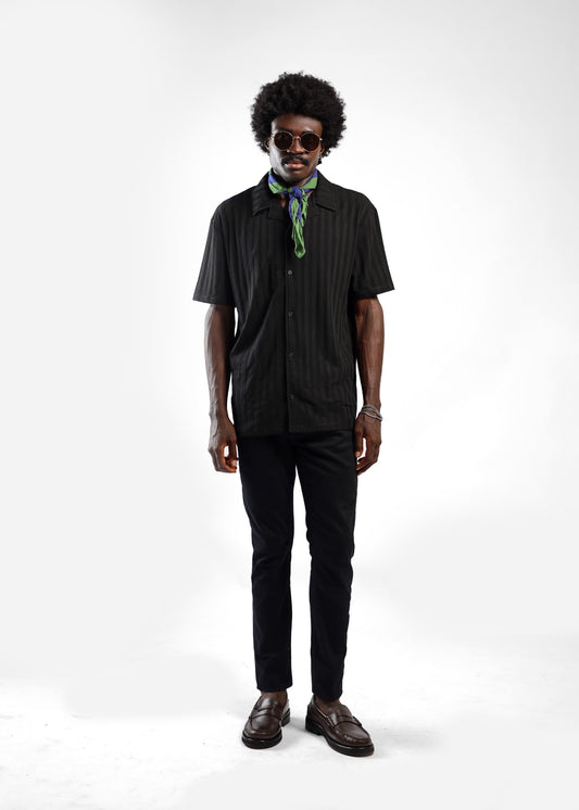 Asos Cotton Textured Shirt in All Black Stripes