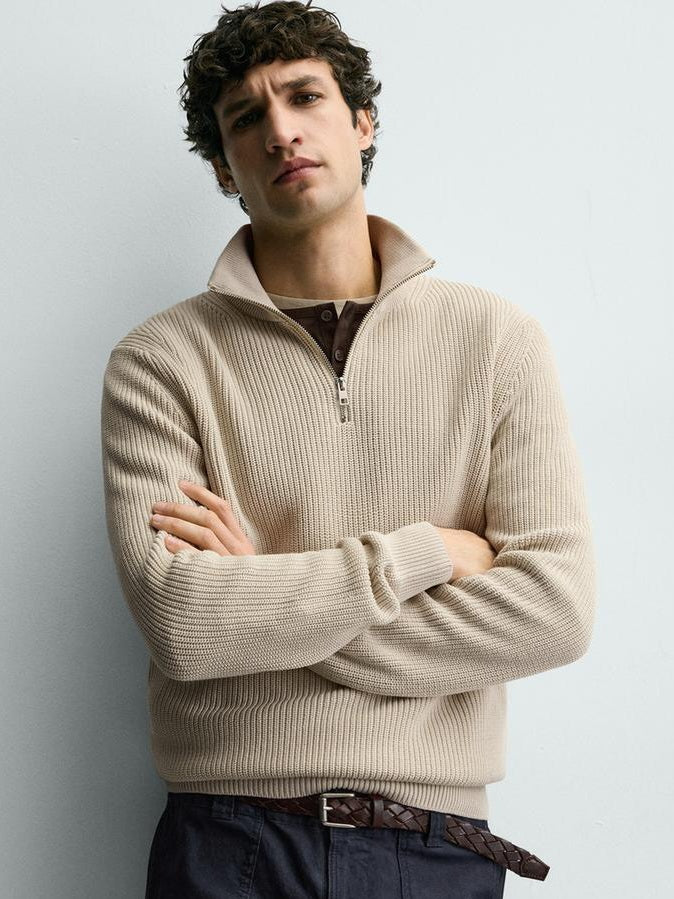 Zara Regular Fit Purl Knit Quarter-Zip Jumper Sweater In Beige