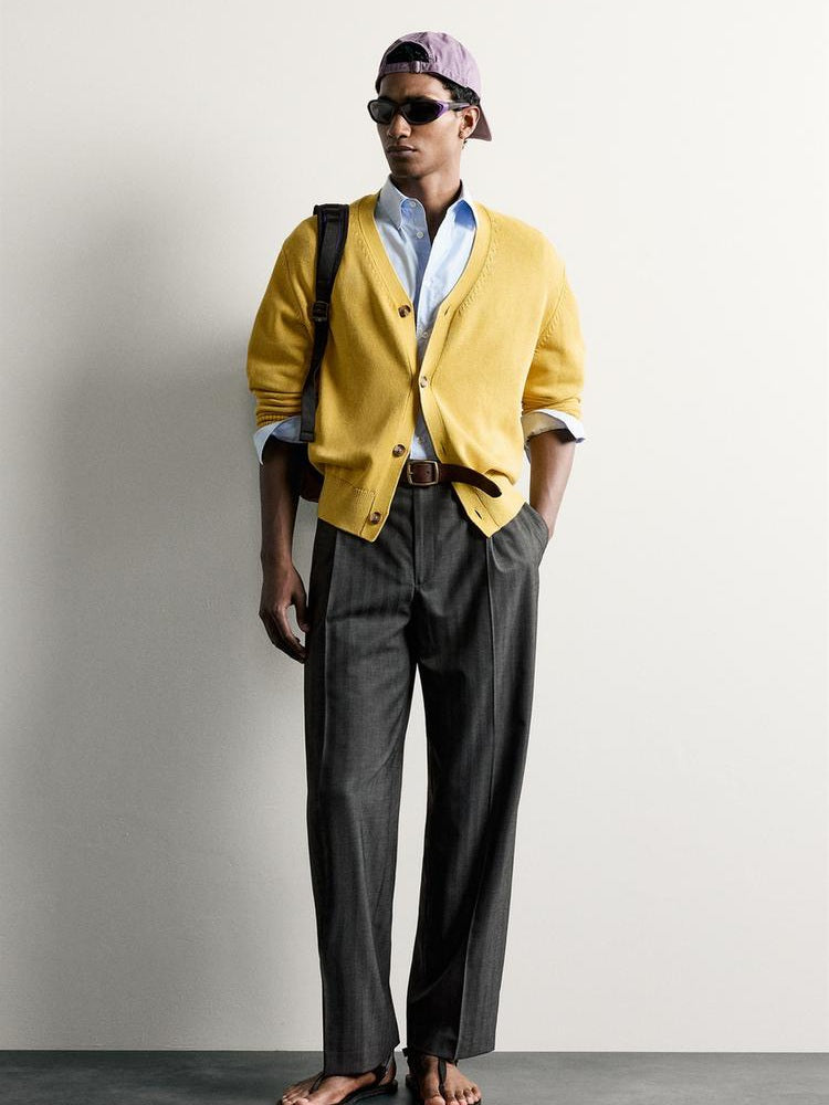 Zara Regular Fit Cotton Cardigan in Yellow