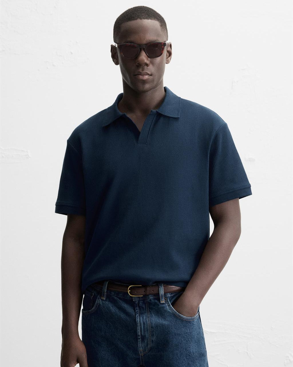 Zara Navy Textured Polo Shirt