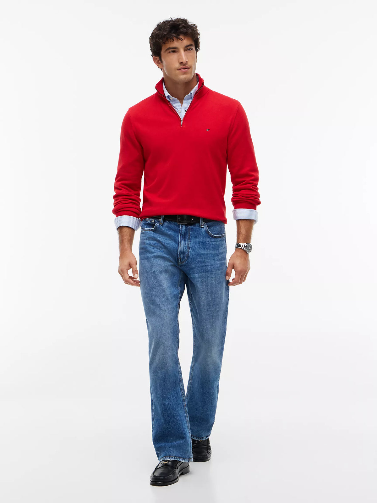 Tommy Hilfiger Regular Fit Quater-Zip Mock Neck Sweater in Red