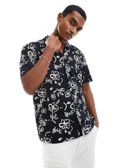 Selected Homme Cotton/Linen Pattern Shirt in Black
