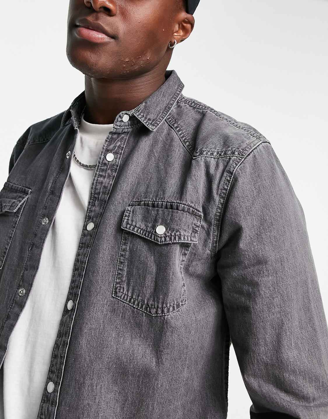 New Look Regular Fit Western Denim Shirt in Grey