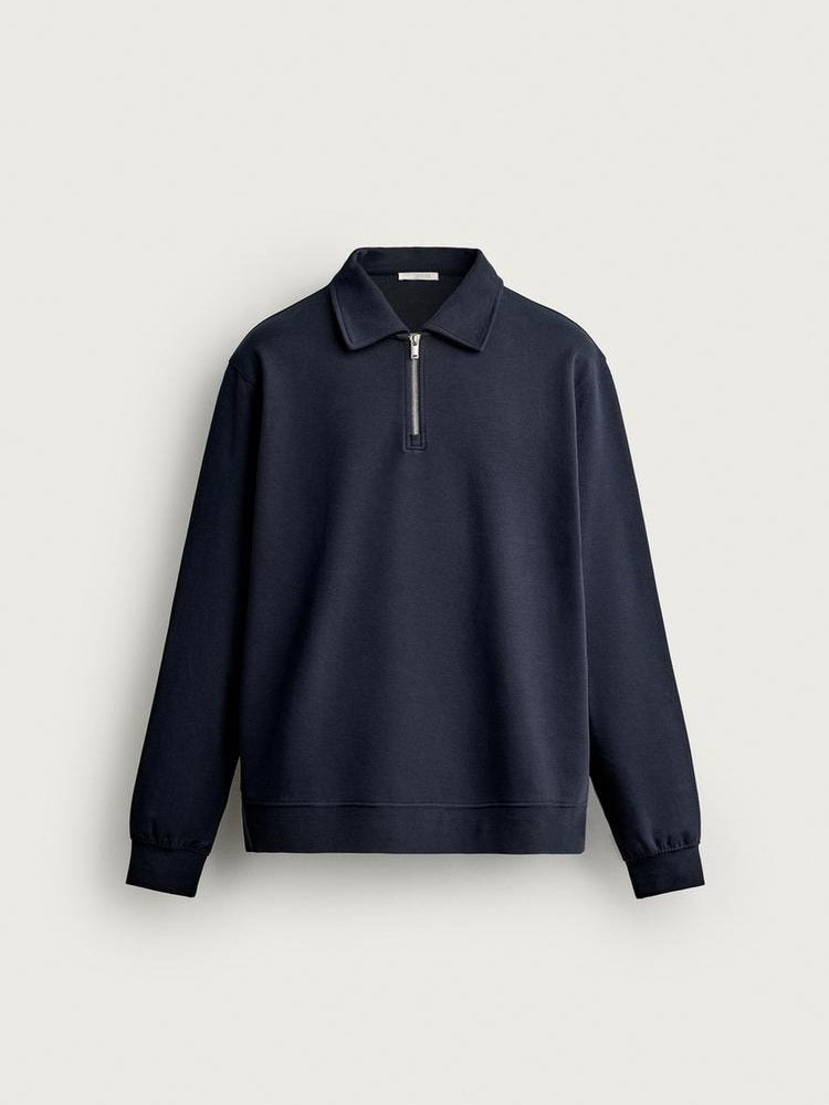 Zara Regular Fit Interlock Zip Polo Sweatshirt In Navy