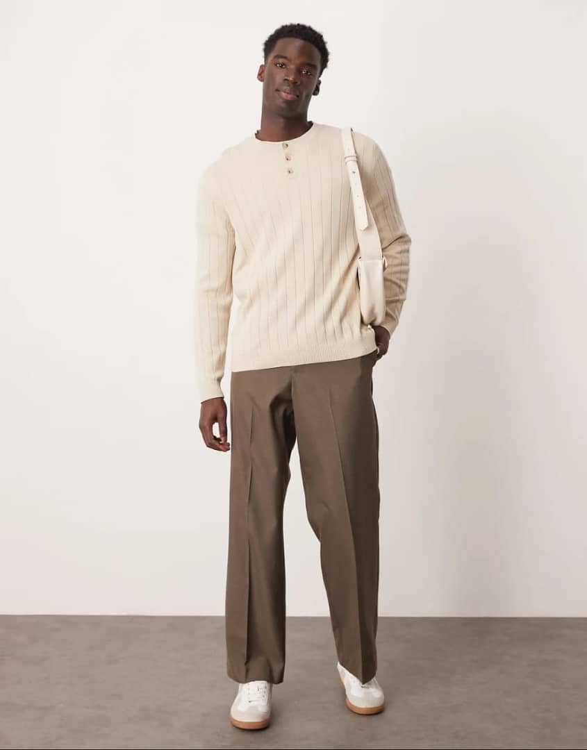 ASOS DESIGN Relaxed Knitted Wide Rib Grandad Neck Jumper (Oatmeal)