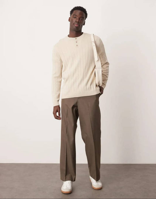 ASOS DESIGN Relaxed Knitted Wide Rib Grandad Neck Jumper (Oatmeal)