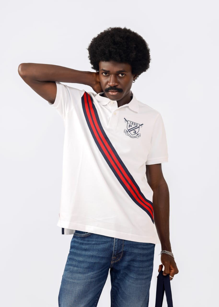 White Pique Polo With a Diagonal Sash
