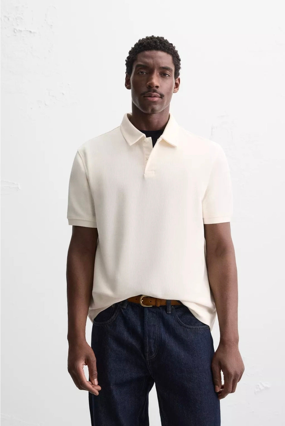 Zara Textured Polo Shirt in Beige
