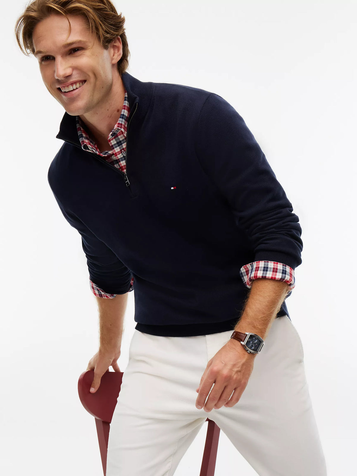 Tommy Hilfiger Regular Fit Quater-Zip Mock Neck Sweater in Navy
