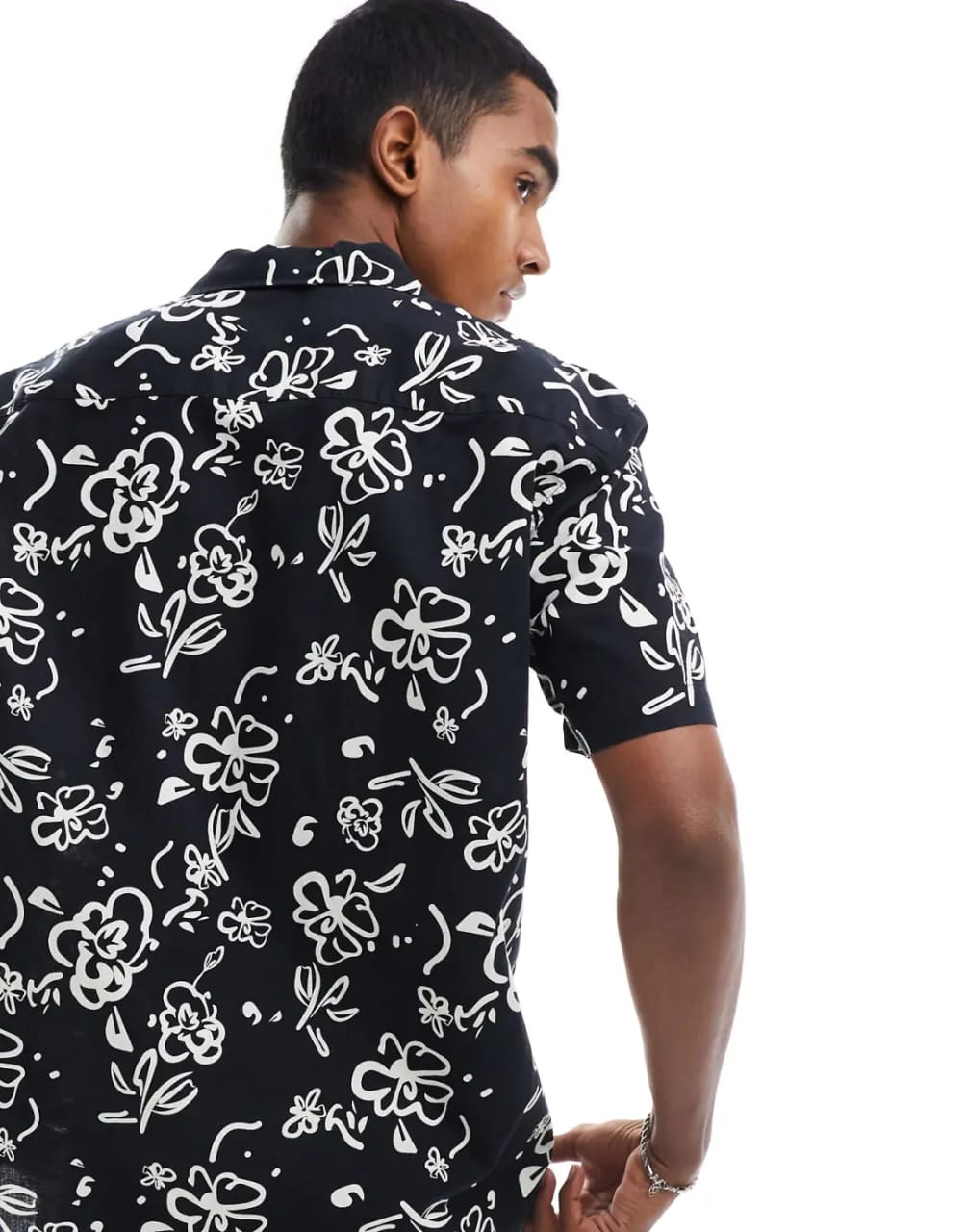 Selected Homme Cotton/Linen Pattern Shirt in Black